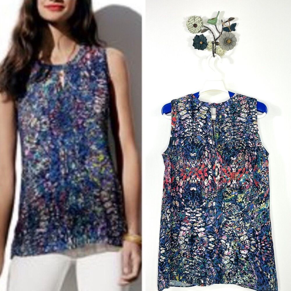 CABI 3093 Stained Glass Blouse Blue Sleeveless Tank Top Keyhole Small Colorful